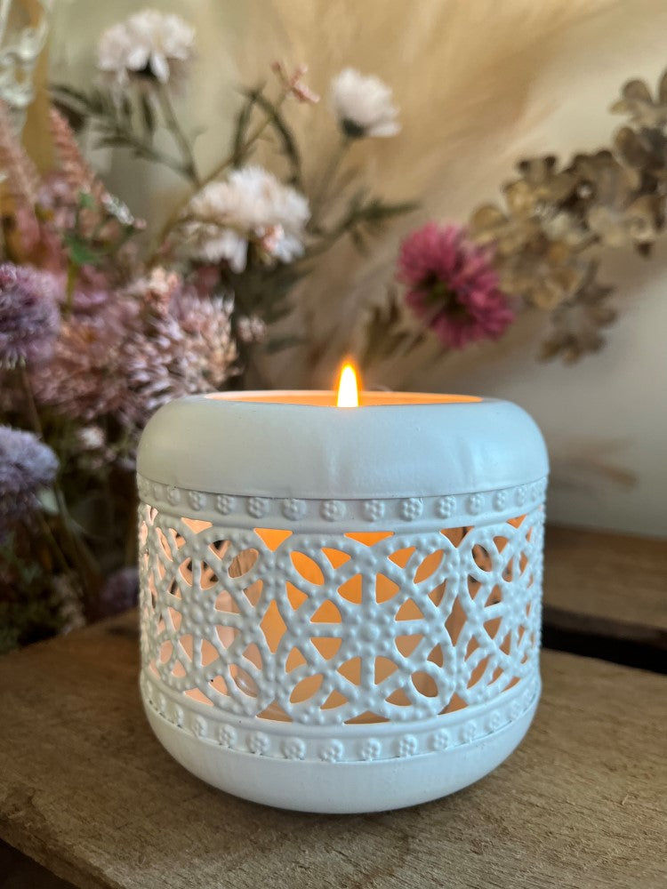Round metal decorative lantern with glass tea light holder
